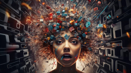 Overwhelming information data explode out of head of young human brain, too much media, too much...