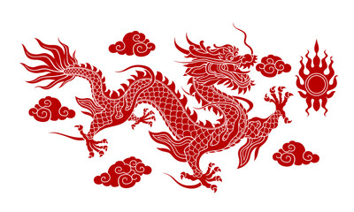 Red Chinese dragon graphics Line patterns on a flat colored background are used for decoration.	
