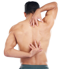 Man stretching, body or hands on back pain in muscles or stretch for relief or tension release on isolated, transparent or png background. Athlete, anatomy or bodybuilder flexing arms to check injury