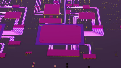 view of processor processing data along with other motherboard chips, 3d rendering