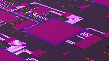 view of processor processing data along with other motherboard chips, 3d rendering