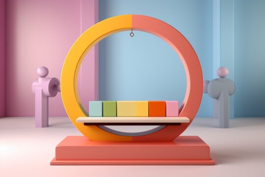 Playful seesaw, promoting balance and cooperation in vibrant pastels, on isolated on pastel background, Generative AI