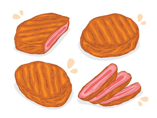 Grilled beef steak isolated on a white background, Food hand drawn, vector illustration.