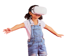 Gaming, virtual reality and metaverse with girl and glasses for digital transformation, video games and innovation. Happy, playing and a child with vr headset isolated on a transparent png background