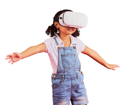 Gaming, virtual reality and metaverse with girl and glasses for digital transformation, video games and innovation. Happy, playing and a child with vr headset isolated on a transparent png background