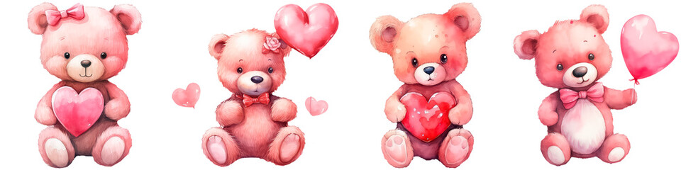 Bear with a heart, watercolor illustration on white background, concept valentine's day