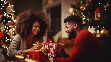 Happy African American family with Christmas gift boxes.