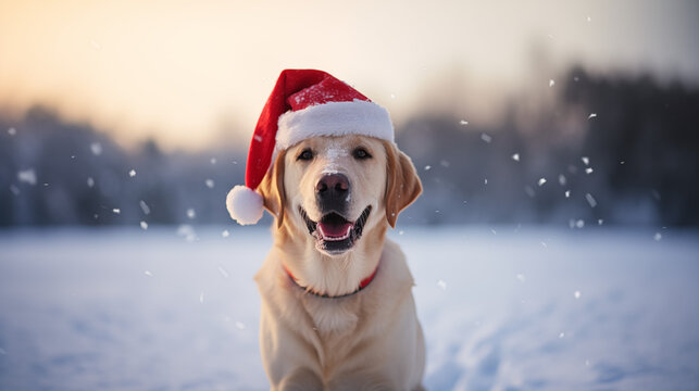 Christmas golden retriever dog wearing Santa Claus hat in snow