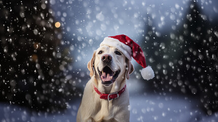 Christmas golden retriever dog wearing Santa Claus hat in snow