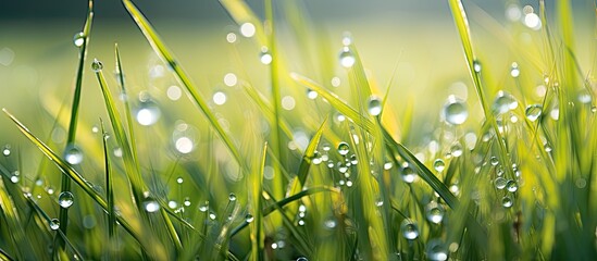 In the rice field the grass glistens with the glorious glow of the sun and a dew drop shimmers up close