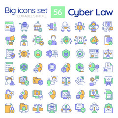 Editable multicolor big line icons set representing cyber law, isolated vector, linear illustration.