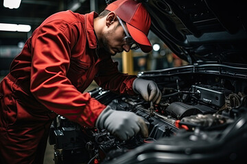Fototapeta na wymiar Auto mechanic working on car broken engine in mechanics service or garage. Transport maintenance wrench detial