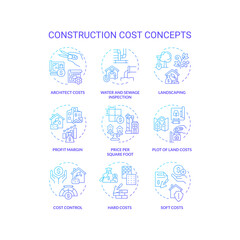 Set of 2D thin line gradient icons representing construction cost, isolated vector, linear illustration.