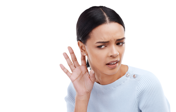Hands, ear and woman with listen, whisper or hearing secret, gossip or news on isolated, transparent and png background. Confused, what and female with emoji sign for deaf, speak up or volume gesture