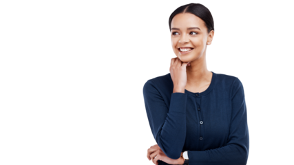 Thinking, brainstorming and young woman planning a decision, problem solving solution with casual. Question, ideas and female person with memory face expression isolated by transparent png background
