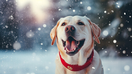 Christmas golden retriever dog wearing Santa Claus hat in snow