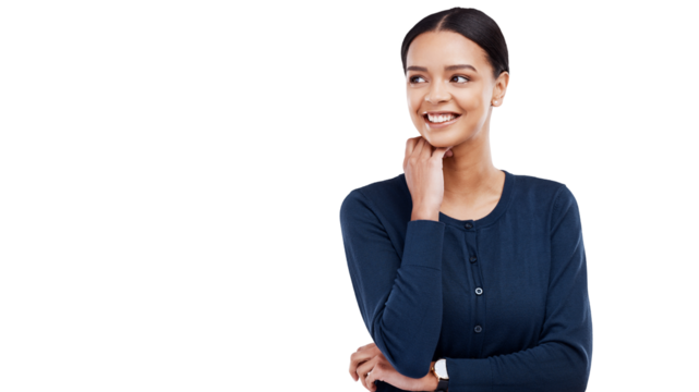 Thinking, brainstorming and young woman planning a decision, problem solving solution with casual. Question, ideas and female person with memory face expression isolated by transparent png background