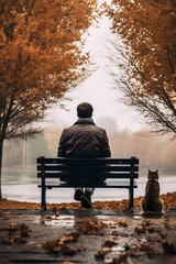 Man sitting on a bench with his cat in a rainy autumn.