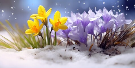 Spring crocus flowers on snow with bokeh effect. 3d render