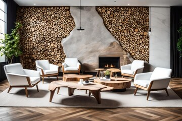 Four white armchairs near natural wood live edge coffee table against wall with stone paneling decor. Minimalist home interior design of modern living room