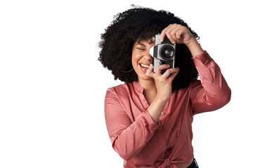 Isolated woman, press and retro camera for media, news and content creator job by transparent png background. Paparazzi girl, photographer and vintage lens for shooting newspaper, magazine or tabloid - obrazy, fototapety, plakaty