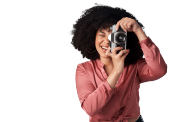 Isolated woman, press and retro camera for media, news and content creator job by transparent png background. Paparazzi girl, photographer and vintage lens for shooting newspaper, magazine or tabloid
