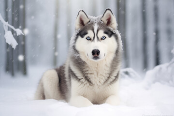 beautiful siberian husky in winter landscape, generative ai