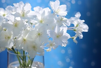 Fototapeta na wymiar Bouquet of white jasmine in vase on blue background