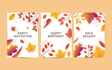 Set of Vector wedding templates with autumn leaves invitations card
