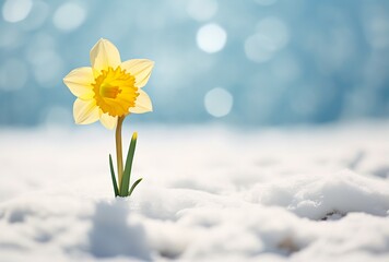 Yellow daffodil on snow. Spring background. Copy space.