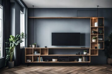 Tv shelf in modern empty room,minimal design