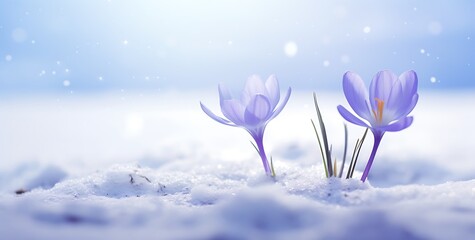 Beautiful crocus flowers in the snow. Spring nature background.