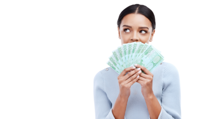 Thinking, finance and winner with woman and money on png for prize, success or investment. Wow, dollar and bonus with person and cash isolated on transparent background for savings, profit or lottery