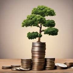 Money tree grows out of stacks of coins, silver and copper.