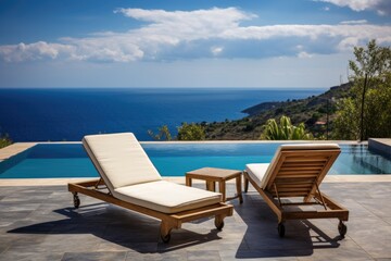 Fototapeta na wymiar Swimming pool with sun loungers on the background of the sea, Two Deck Chair on Terrace with Pool and Stunning Sea View, AI Generated