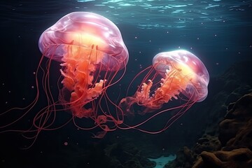 Naklejka premium Jellyfish in the deep blue sea. 3D rendering, Two jellyfishes swimming in the water. 3d rendering, AI Generated