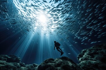 Silhouette of diver and school of fish in the blue sea, AI Generated - obrazy, fototapety, plakaty