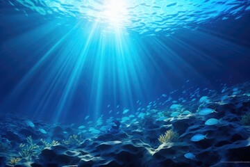 Underwater scene with fishes and rays of light. Vector illustration, Underwater Ocean  Blue Abyss With Sunlight Diving And Scuba Background, AI Generated
