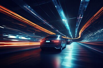 Car on the road with motion blur background. Concept of speed, Underground tunnel with moving cars at night. View from below, AI Generated - obrazy, fototapety, plakaty