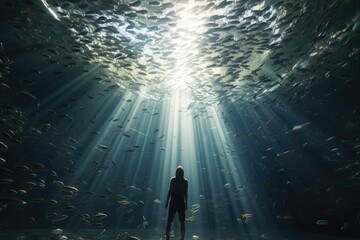 Young man looking at a school of fish swimming in the ocean, AI Generated