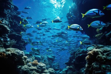 Naklejka na ściany i meble School of fish in the Red Sea. Egypt, Sharm El Sheikh, Underwater divers shoals of fish. 8k Ultra HD, AI Generated
