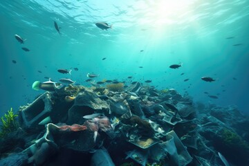 Fototapeta na wymiar Underwater view of a large amount of trash in the ocean, Underwater view of a pile of garbage in the ocean. 3d rendering, AI Generated