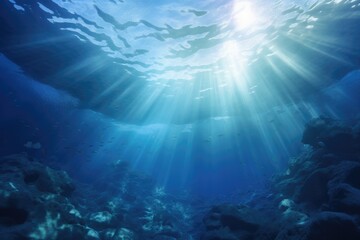 Fototapeta na wymiar Underwater view of the coral reef with sunbeams and rays, Underwater Ocean Blue Abyss With Sunlight Diving And Scuba Background, AI Generated