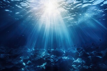 Naklejka na ściany i meble Underwater scene with sunbeams shining through the water surface, Underwater Ocean Blue Abyss With Sunlight Diving And Scuba Background, AI Generated