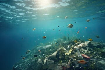 Fototapeta na wymiar Underwater view of a tropical coral reef with fish and garbage, Underwater view of a pile of garbage in the ocean. 3d rendering, AI Generated