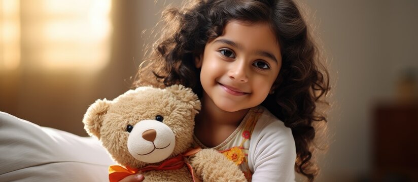 Indian kid affectionately playing with soft toy in living room medium shot