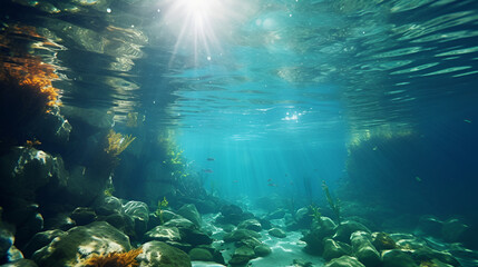 Fototapeta na wymiar underwater scene with coral reef and fishes. generative Ai