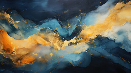 Abstract background paint dark blue and gold oil watercolor photo wallpaper - generative AI