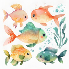 Fototapeta premium set of fishes and reefs. generative ai. watercolor themed