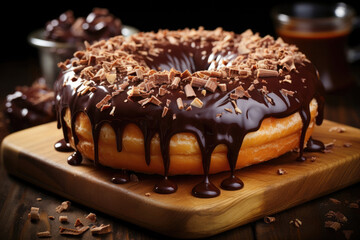 Homemade baked donuts with chocolate icing on a rustic wooden plate created with Generative AI Technology